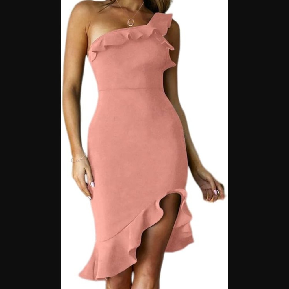 NWT Women's One Shoulder Ruffle Midi Bodycon Dress - Pink/Dusty Rose - Size M